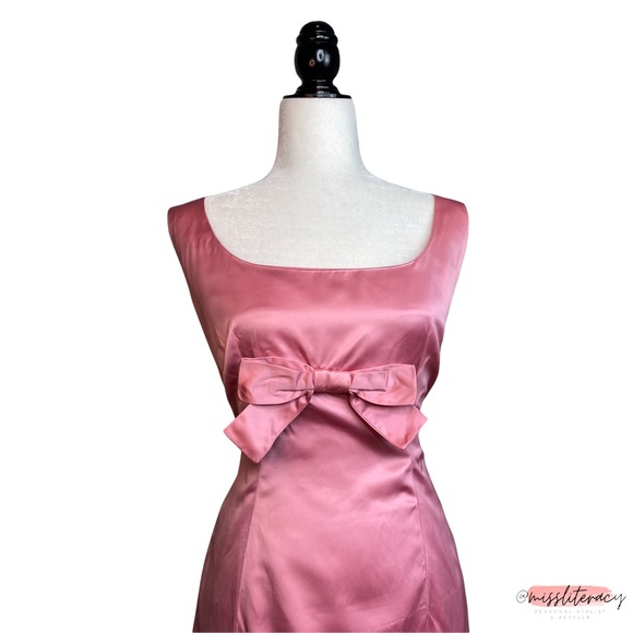 Vintage 1960’s Handsewn Homemade Pink Plunge Satin Sleeveless Midi Dress [Sz 12] - Picture 3 of 16